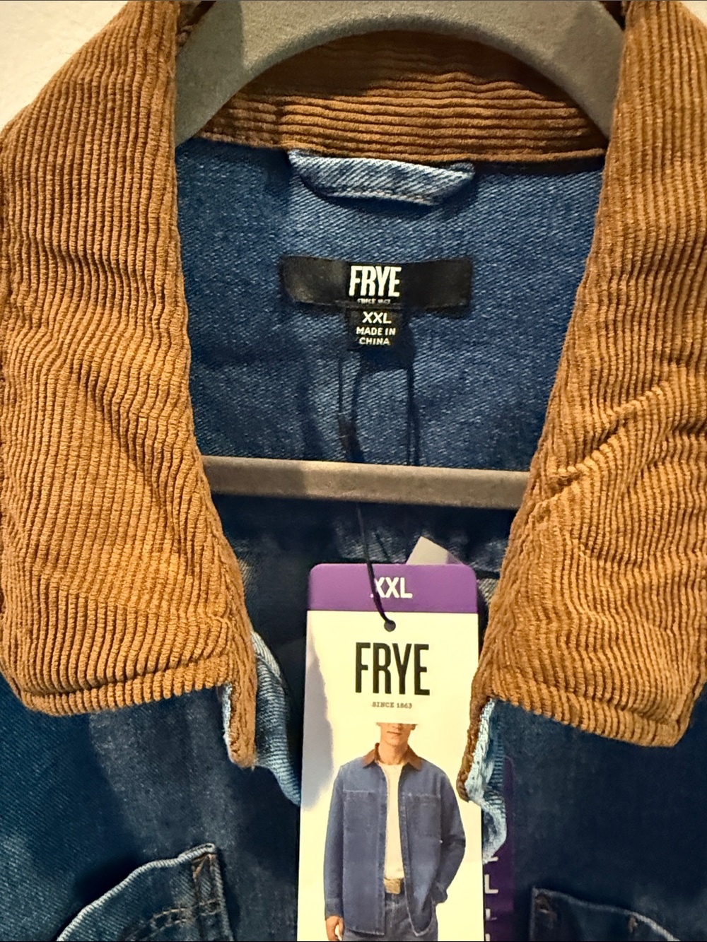 Frye Blue Denim Jacket with Brown Corduroy Collar Mens barn jacket xxl - Picture 4 of 7